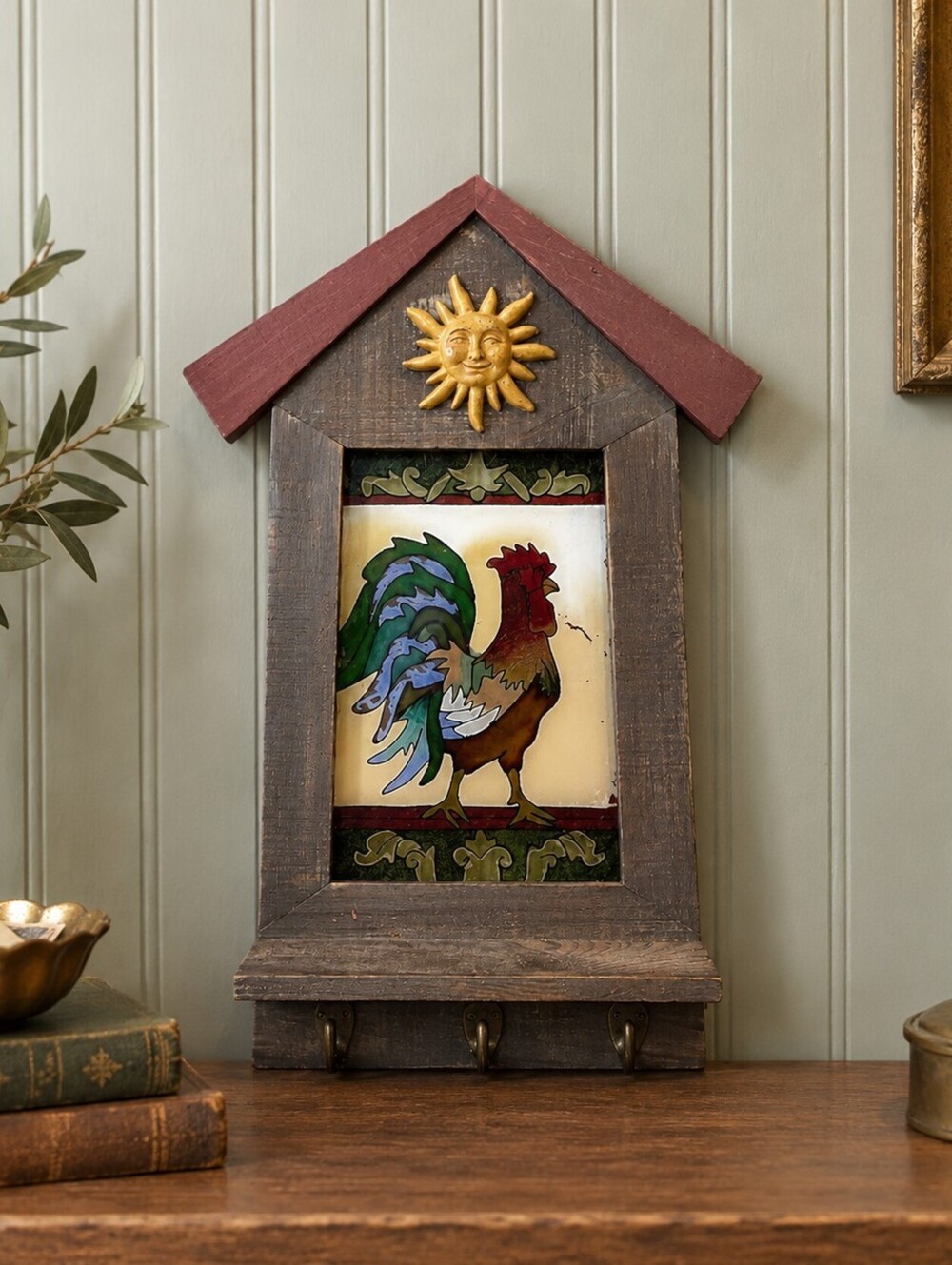 Vintage Farmhouse Wooden Rooster Shelf With Hooks